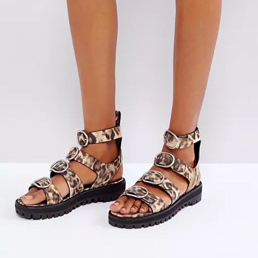 ALLSAINTS Raquel Gladiator Leopard Print Leather Strap Buckle Open Sandal Sz 40
